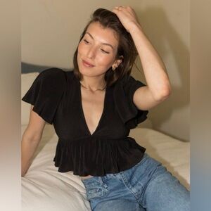 Urban Outfitters Black Ribbed Plunging Babydoll Top - Size M